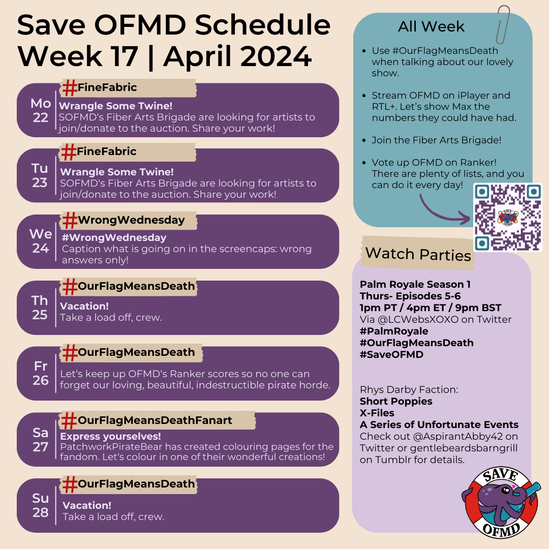 Alt text: A calendar of events from Save OFMD for the week of April 22 to 28.  Long image description in the replies.  Long description:  Graphic titled ‘SaveOFMD Schedule Week 17 April 22 to 28’. It features 7 rounded boxes, one for each day, on the left and two bigger rounded boxes on the right. The Save OFMD Crew logo is in the bottom right hand corner. The 7 smaller boxes on the left contain information for each day: Monday April 22 and Tuesday April 23: '#FineFabric: Wra﻿ngle some twine! SOFMD’s Fiber Arts Brigade are looking for artists to join/donate to the auction. Share your work!' Wednesday April 24: ‘#WrongWednesday: Caption what is going on in the screencaps: wrong answers only!’ Thursday April 25: ‘Vacation day. Take a load off, crew!’ Friday April 26: ‘#OurFlagMeansDeath: Let’s keep up OFMD’s Ranker scores so no one can forget our loving, beautiful, indestructible pirate horde.’ Saturday April 27: '# OurFlagMeansDeathFanart: Express yourselves! Patchwork Pirate Bear has created colouring pages for the fandom. Let‘s colour in one of their wonderful creations!' Sunday April 28: ‘Vacation day. Take a load off, crew!’ The first of the bigger boxes on the right holds the following information: 'All week: Use # Our Flag Means Death when talking about our lovely show. Stream OFMD on iPlayer and RTL+. Let’s show Max the numbers they could have had. Join the Fiber Arts Brigade! Keep up OFMD’s Ranker scores so no one can forget our loving, beautiful, indestructible pirate horde…There is an arrow to a QR Code for Ranker. Below that, the second of the bigger boxes contains information for this week's watch parties: ‘Palm Royale’ Season 1. Thursday Episodes 5-6. 1pm PT / 4 pm ET / 9pm BST. Via @LCWebsXOXO on Twitter. #PalmRoyale #OurFlagMeansDeath #SaveOFMD. ‘Rhys Darby Faction: Short Poppies. X-Files. A Series of Unfortunate Events. Check out @Abby (She / Her) - GMT -742 on Twitter or gentlebeardsbarngrill on Tumblr for details.’
