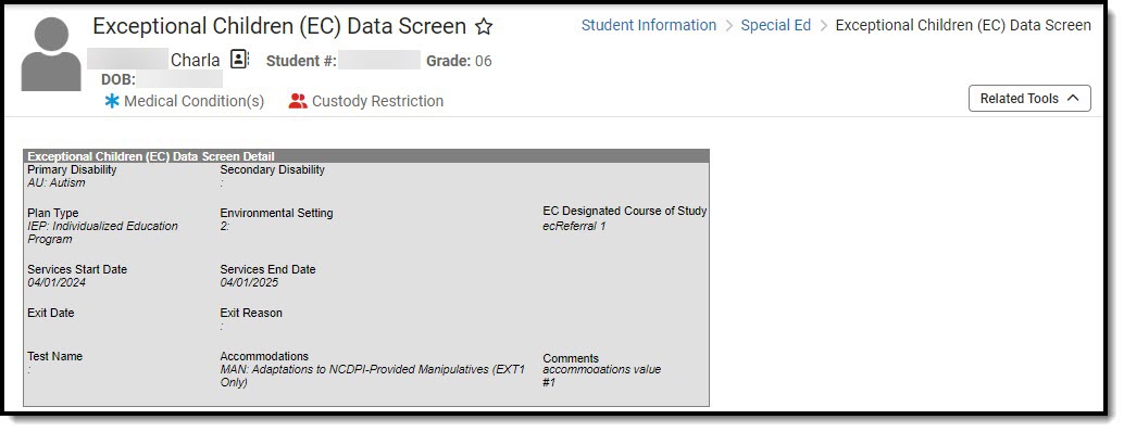 Screenshot of the Exceptional Children (EC) Data Screen and detail fields.