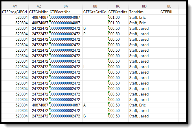 Screenshot of the CTE Course File in CSV Format, starting with the CTE specific fields. 
