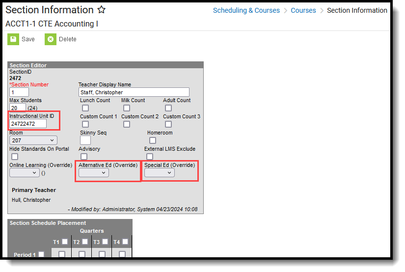 Screenshot of the Course Section Editor for Oregon, with specific fields highlighted.
