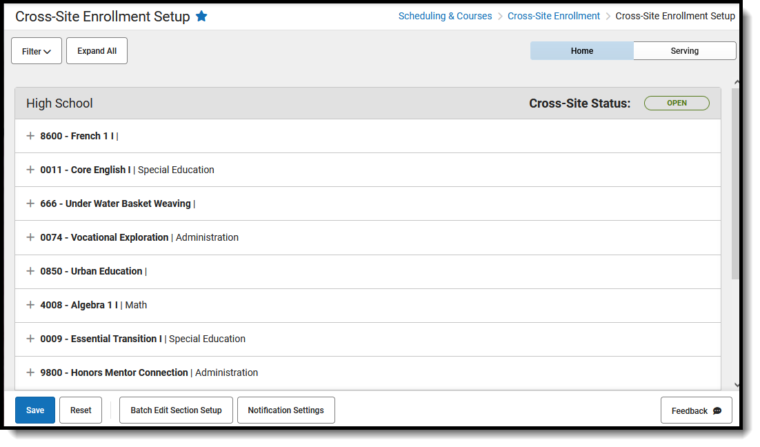 Screenshot of the Cross-Site Enrollment Setup tool, located at Scheduling & Courses, Cross-Site Enrollment.