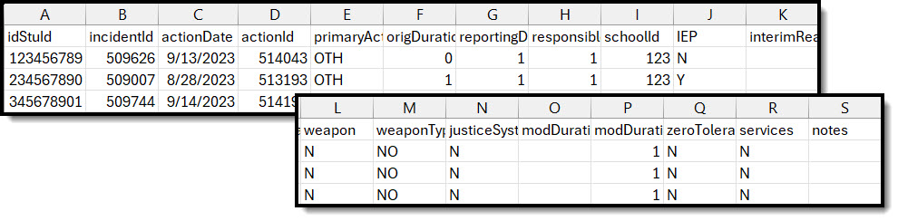 Screenshot of an example of the Disciplinary Actions extract in CSV format.