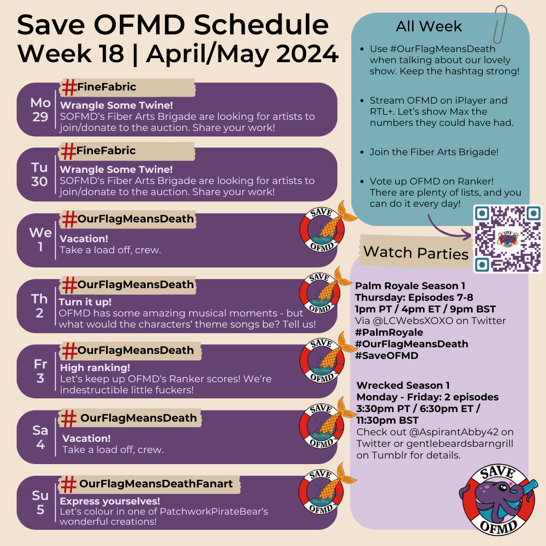 Long description:  Graphic titled ‘SaveOFMD Schedule Week 18 April/May. It features 7 rounded boxes, one for each day, on the left and two bigger rounded boxes on the right. The Save OFMD Crew logo is in the bottom right hand corner. The 7 smaller boxes on the left contain information for each day: Monday April 29 and Tuesday April 30: '# Fine Fabric: Wra﻿ngle some twine! SOFMD’s Fiber Arts Brigade are looking for artists to join/donate to the auction. Share your work!' Wednesday May 1: ‘# Our Flag Means Death. Vacation day. Take a load off, crew!’ Thursday May 2: ‘# Our Flag Means Death. Turn it up! OFMD has some amazing musical moments—but what would the characters’ theme songs be? Tell us!’ Friday May 3: ‘# Our Flag Means Death: High Ranking! Let’s keep up OFMD’s We’re indestructible little fuckers!’ Saturday May 4: ‘# Our Flag Means Death. Vacation day. Take a load off, crew!’ Sunday May 5: '# Our Flag Means Death Fanart: Express yourselves! Patchwork Pirate Bear has created colouring pages for the fandom. Let‘s colour in one of their wonderful creations!' May 1-7 includes the SaveOFMD MerMay sticker.  The first of the bigger boxes on the right holds the following information: 'All week: Use # Our Flag Means Death when talking about our lovely show. Stream OFMD on iPlayer and RTL+. Let’s show Max the numbers they could have had. Join the Fiber Arts Brigade! Vote up OFMD on Ranker. There are plenty of lists, and you can do it every day!’ There is an arrow to a QR Code for Ranker. Below that, the second of the bigger boxes contains information for this week's watch parties: ‘Palm Royale’ Season 1. Thursday Episodes 7-8. 1pm PT / 4 pm ET / 9pm BST. Via @LCWebsXOXO on Twitter. # Palm Royale # Our Flag Means Death # Save OFMD. Wrecked Season 1. Monday - Friday: 2 Episodes. 3:30pm PT / 6:30pm ET / 11:30 pm BST. Check out @ aspirantabby42 on Twitter or gentlebeardsbarngrill on Tumblr for details.’ 
