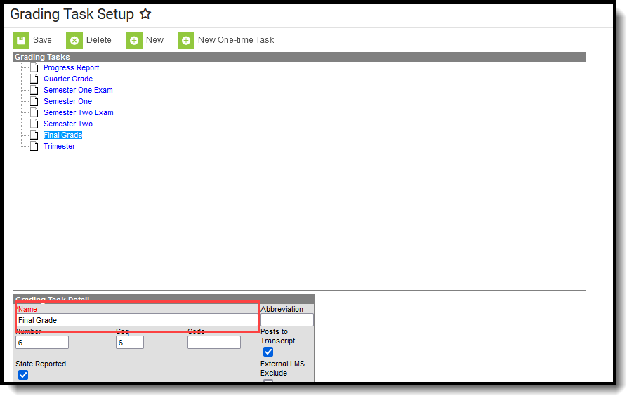 Screenshot of the Grading Task Setup tool, showing the grading task with the word FINAL. 