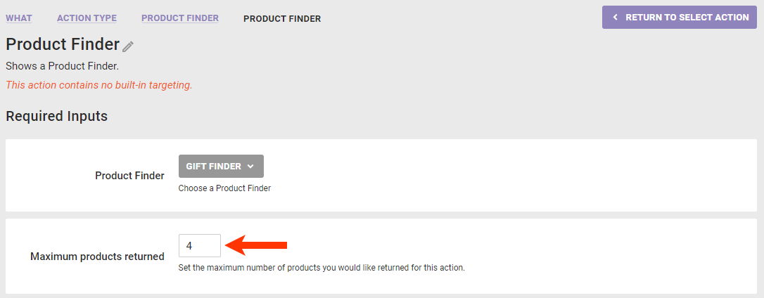 Callout of the 'Maximum products returned' field in a Product Finder action template