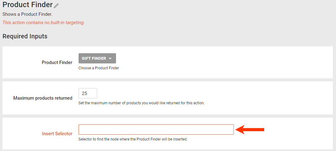 Callout of the Insert Selector field in a Product Finder action template