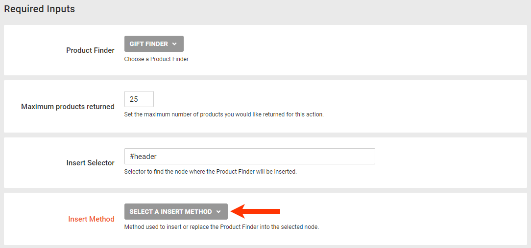 Callout of the Insert Method selector in a Product Finder action template