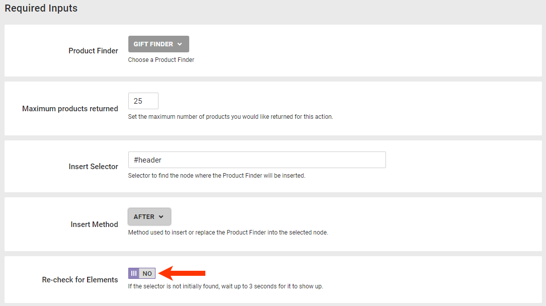 Callout of the 'Re-check for Elements' toggle in a Product Finder action template