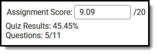 Screenshot of the auto-calculated score information provided for a quiz. 