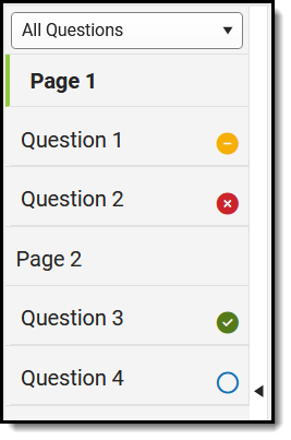 Screenshot of the index of a quiz with indicators for questions in each status.