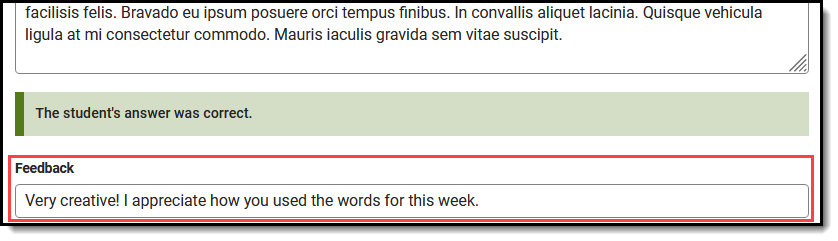 Screenshot highlighting teacher-entered feedback for a question. 