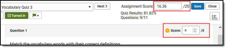 Screenshot highlighting the Assignment Score and question Score fields. 