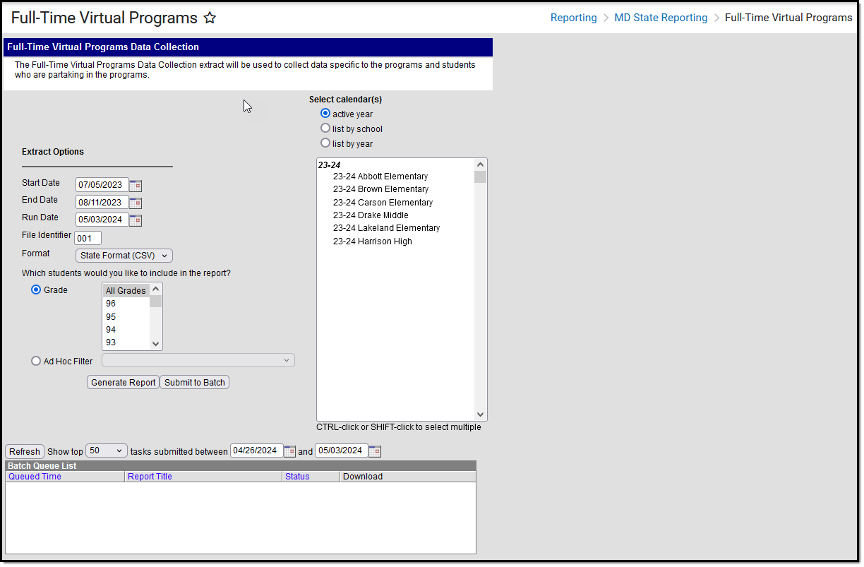 Screenshot the Full-Time Virtual Programs extract editor.