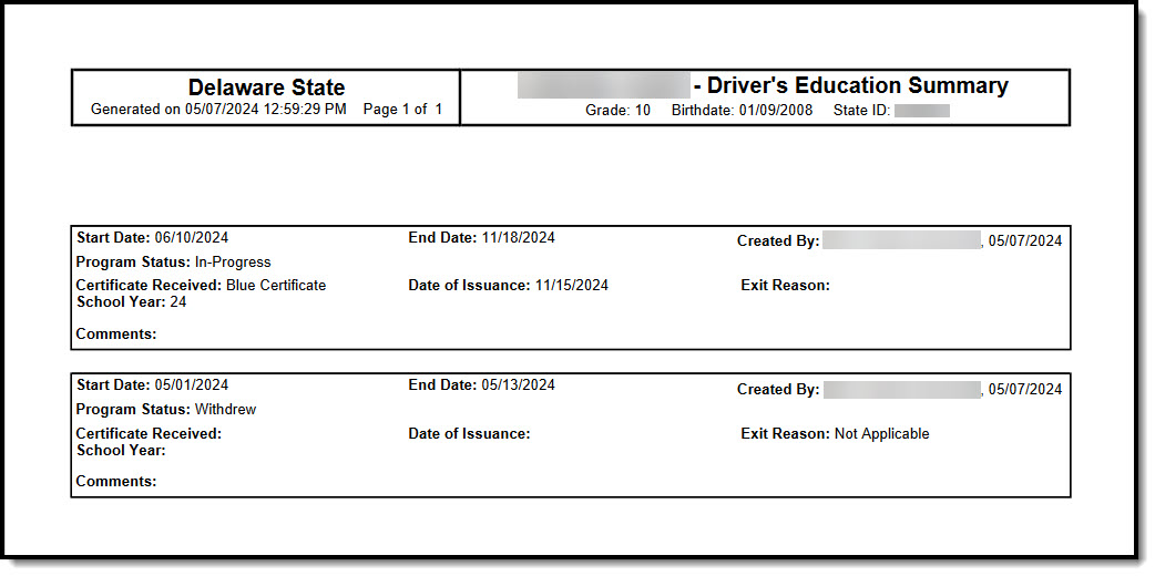 Screenshot of a Print Summary of student driver education records.