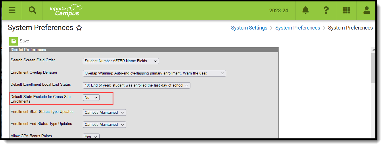 Screenshot of the Default State Exclude for Cross-Site Enrollment System Preference