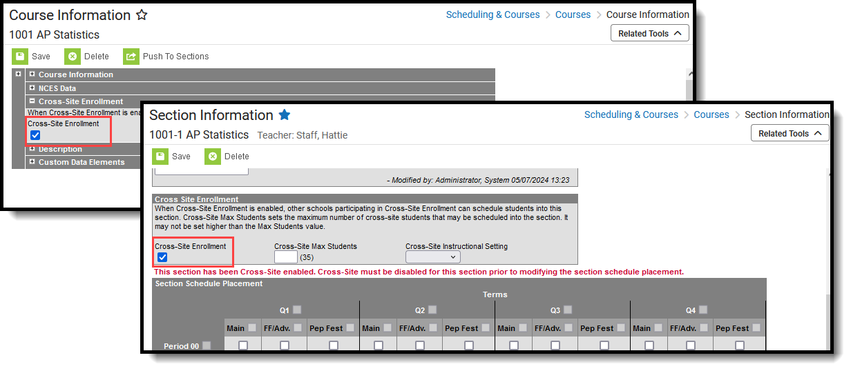 Screenshot of the Cross-Site Enrollment checkbox on a Course and Section. 