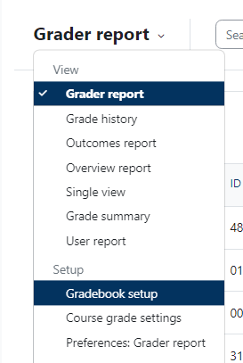 Grades drop-down menu with Gradebook setup selected.