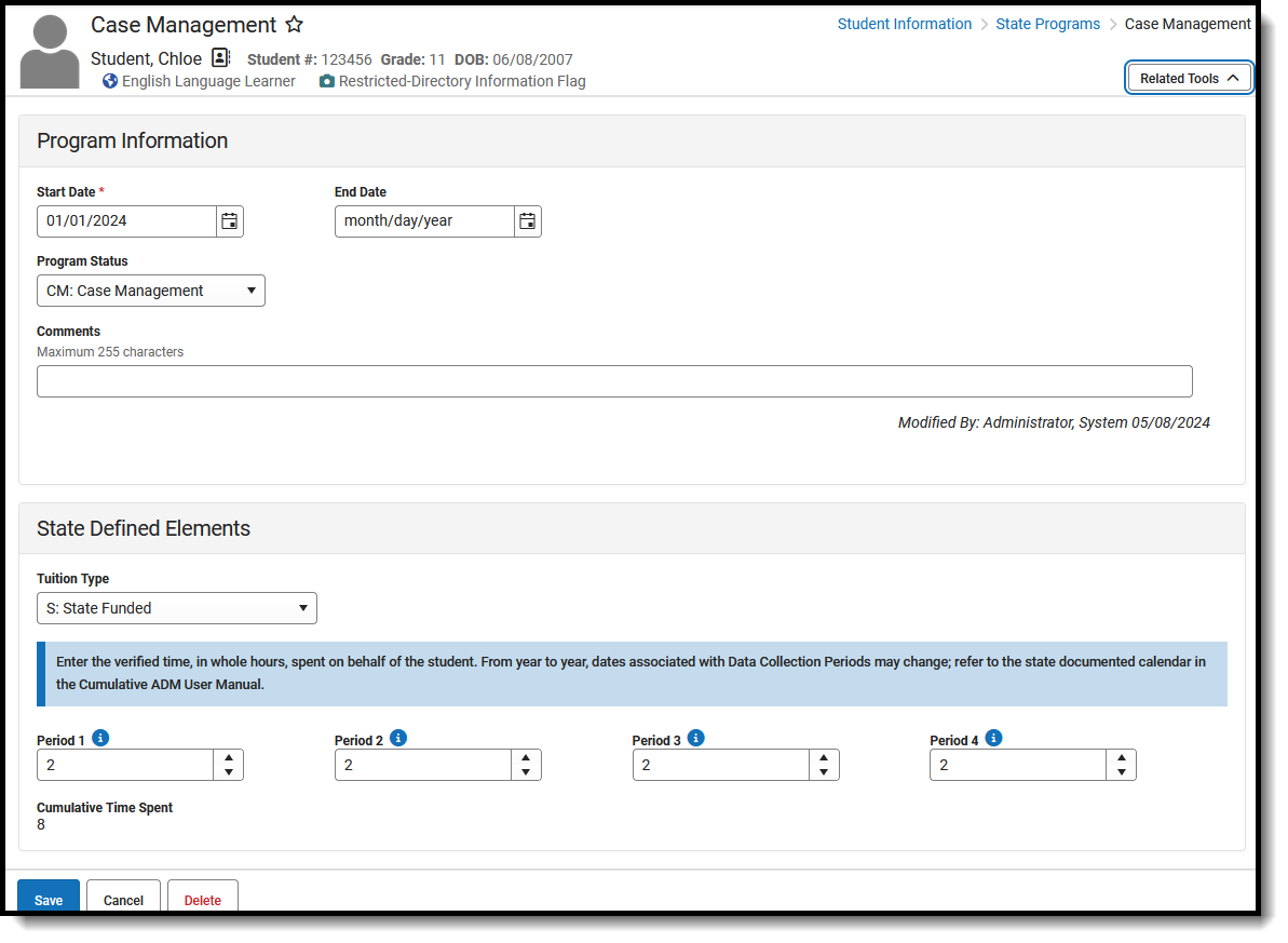 Screenshot of the Case Management tool, located at Student Information, State Programs. 