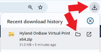 screenshot of google chrome with arrows pointing to icons in the top right to open downloads and locate a downloaded file