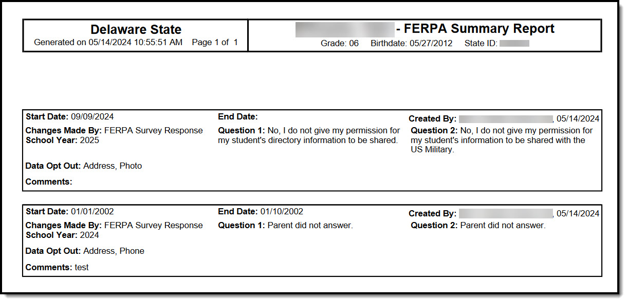 Screenshot of the FERPA Print Summary.