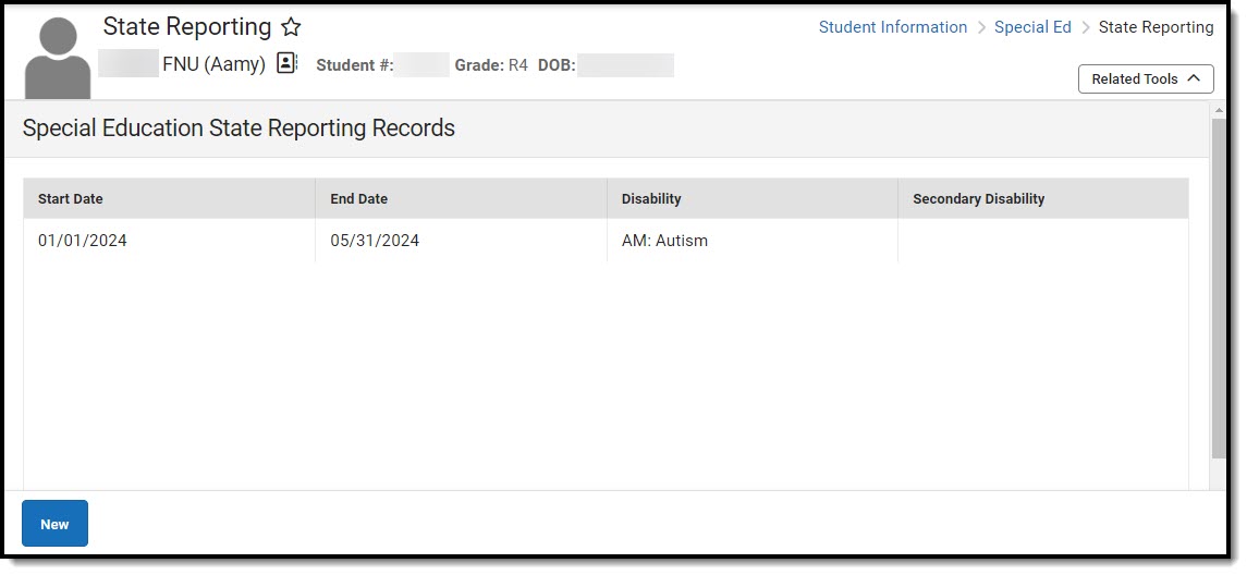 Screenshot of the special education State Reporting list screen.. 