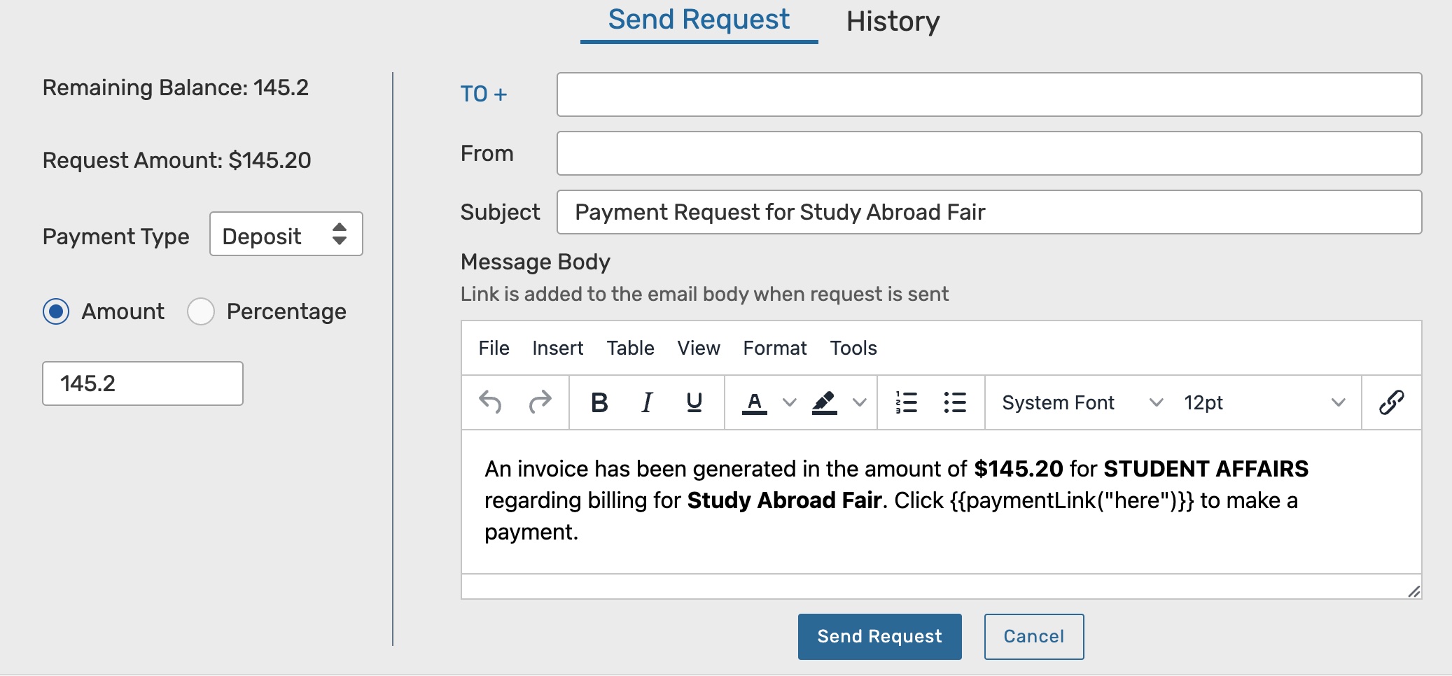 The payment information is on the left side of the send request tab