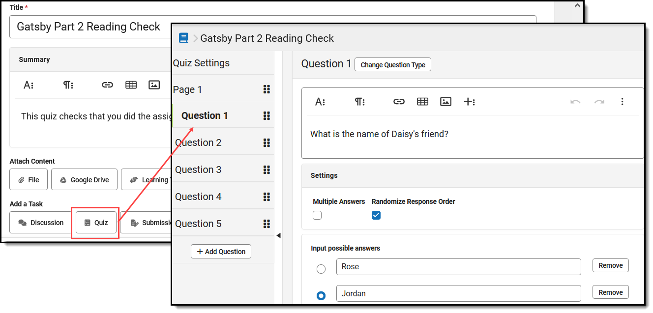 Screenshot highlighting the Quiz button in the Add a Task section of an assignment and showing an example quiz. 
