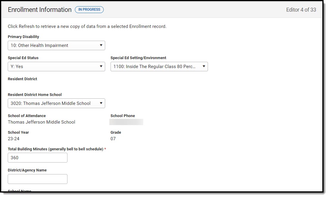 Screenshot of the Enrollment Information Editor.