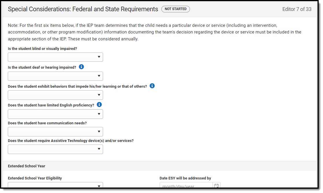 Screenshot of the Special Consideration: Federal and State Requirements editor.