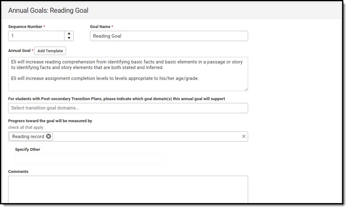 Screenshot of the Annual Goals Detail Screen.