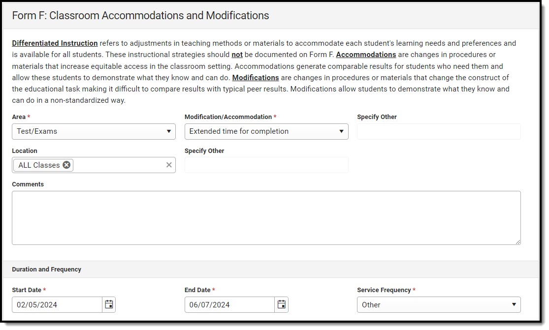 Screenshot of the Form F: Classroom Accommodations and Modifications Detail Screen.