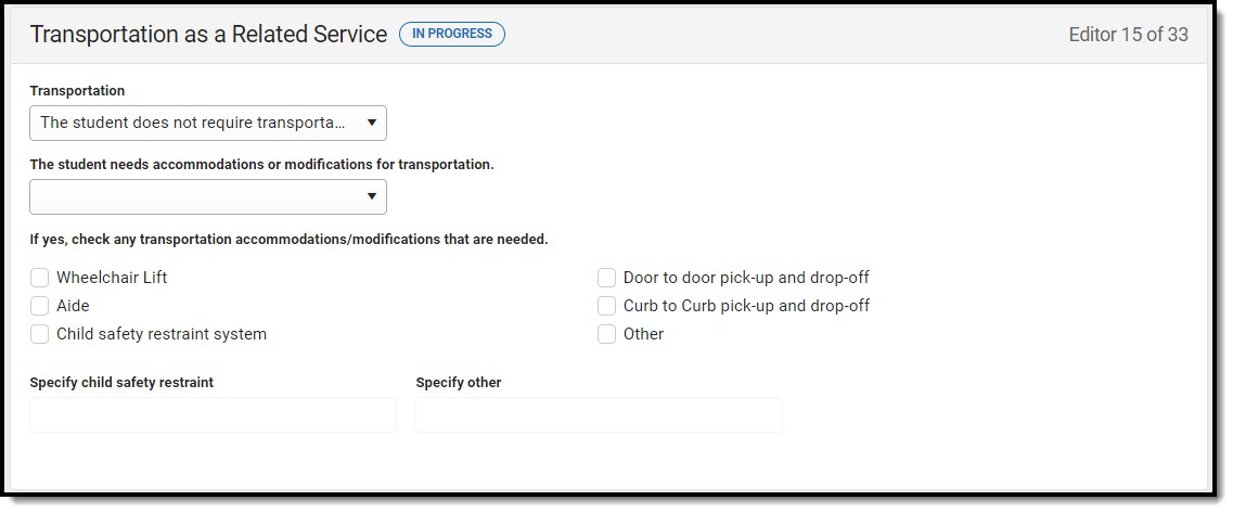 Screenshot of the Transportation as a Related Service Editor.