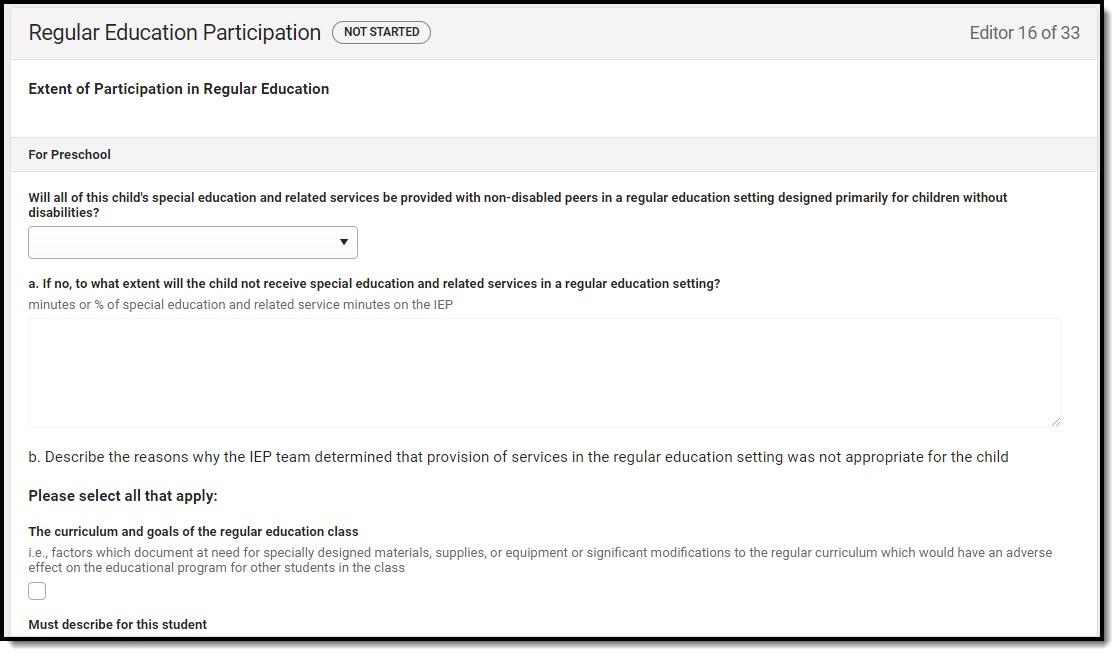Screenshot of the Regular Education Participation Editor.