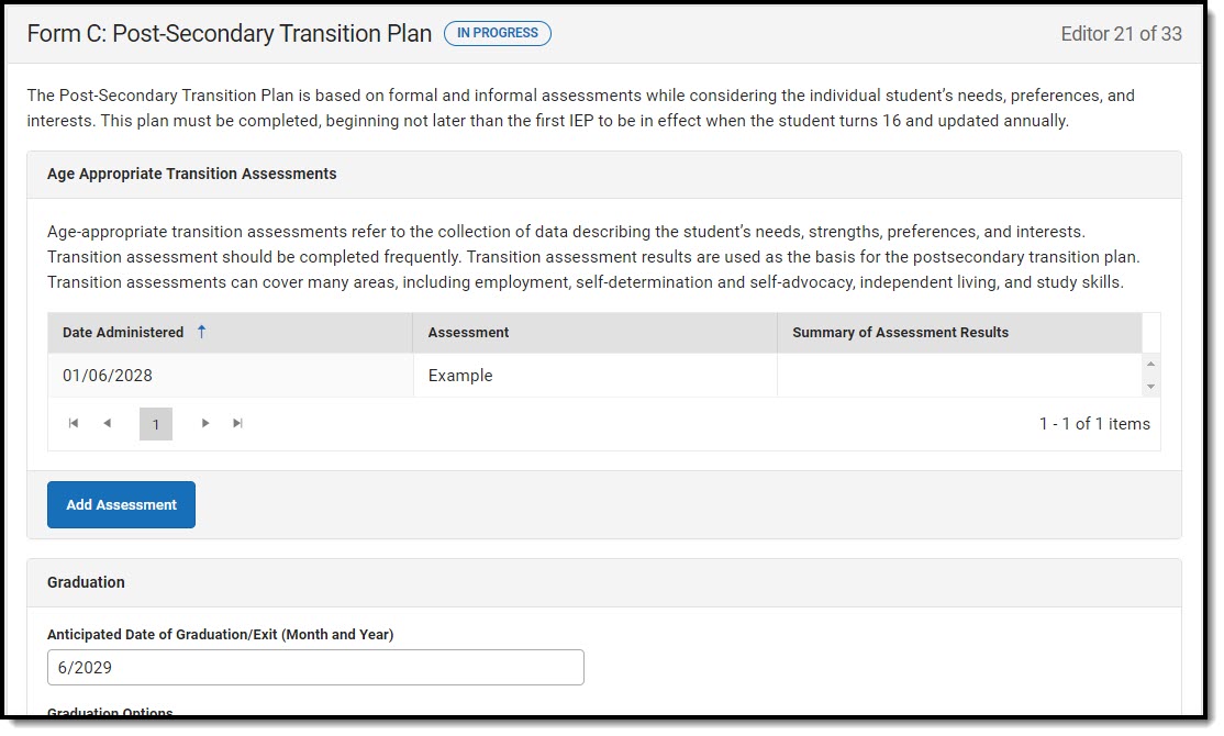 Screenshot of the Form C: Post-Secondary Transition Plan editor.