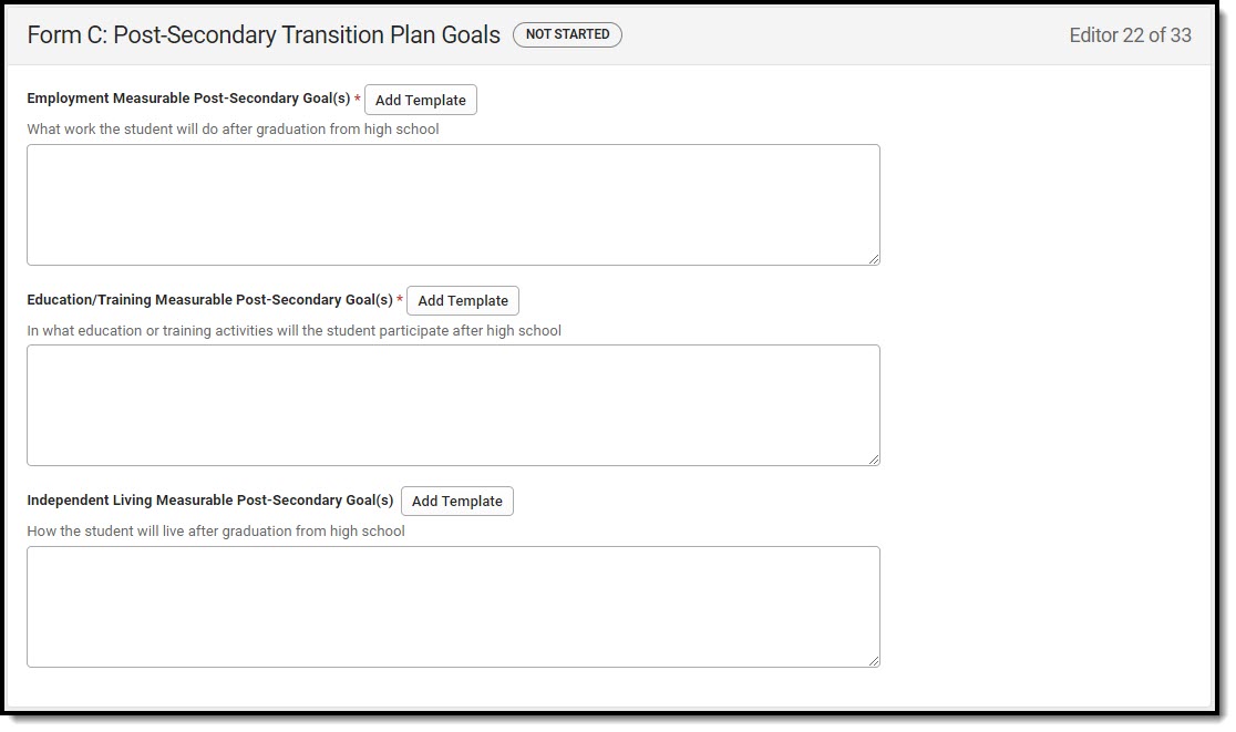 Screenshot of the Form C: Post-Secondary Transition Plan Goals Editor.