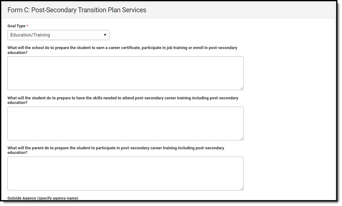 Screenshot of the Form C: Post-Secondary Transition Plan Services Detail Screen.