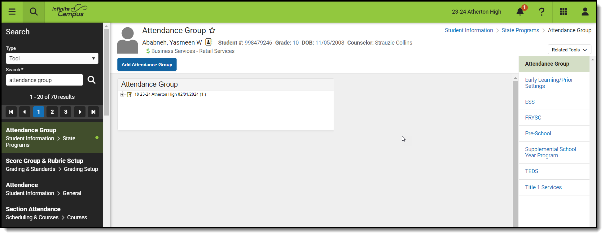 Screenshot of the Attendance Group tool.