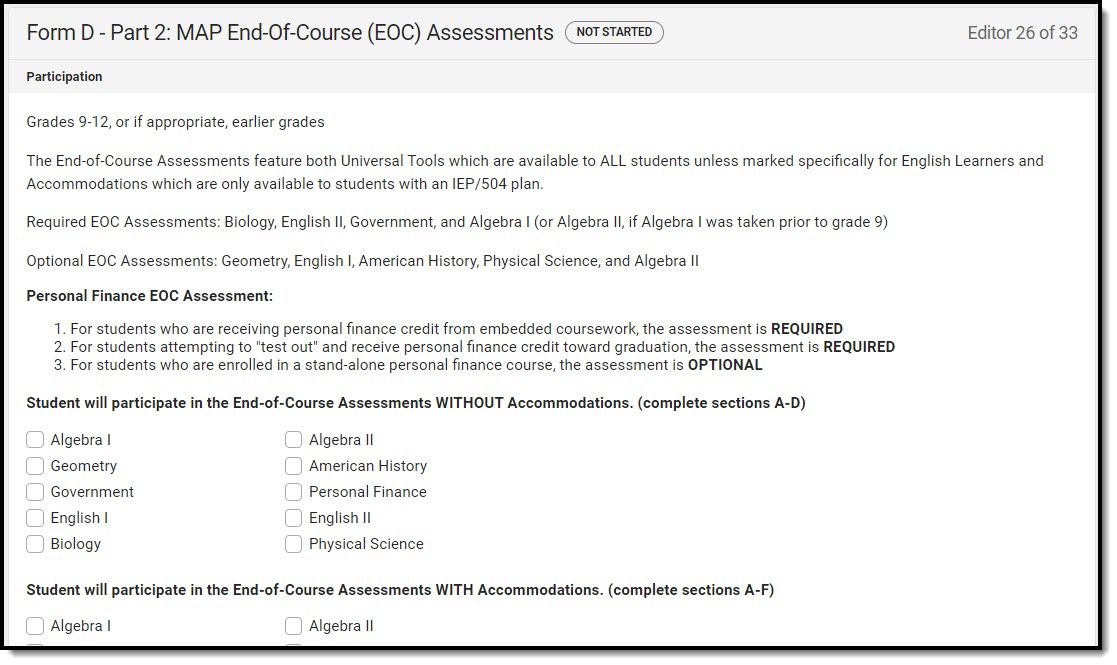 Screenshot of the Form D - Part 2: MAP End-Of-Course (EOC) Assessments Editor.