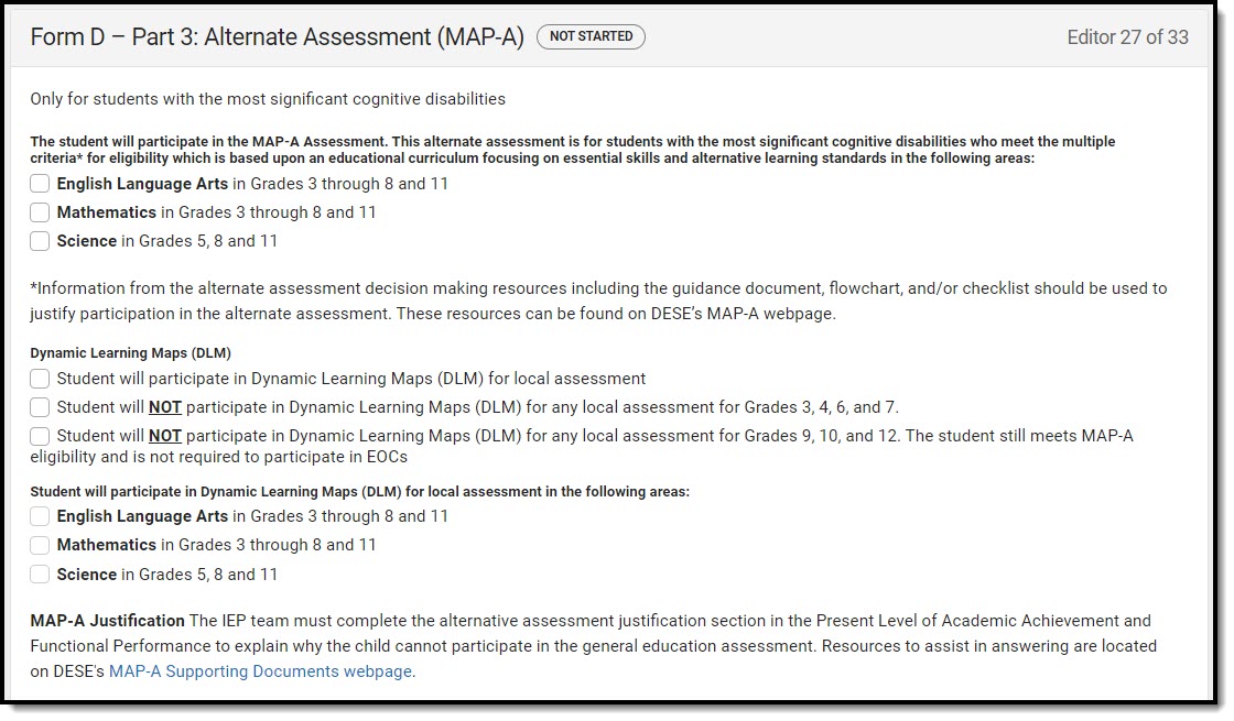 Screenshot of the Form D - Part 3: Alternate Assessment (MAP-A) Editor.