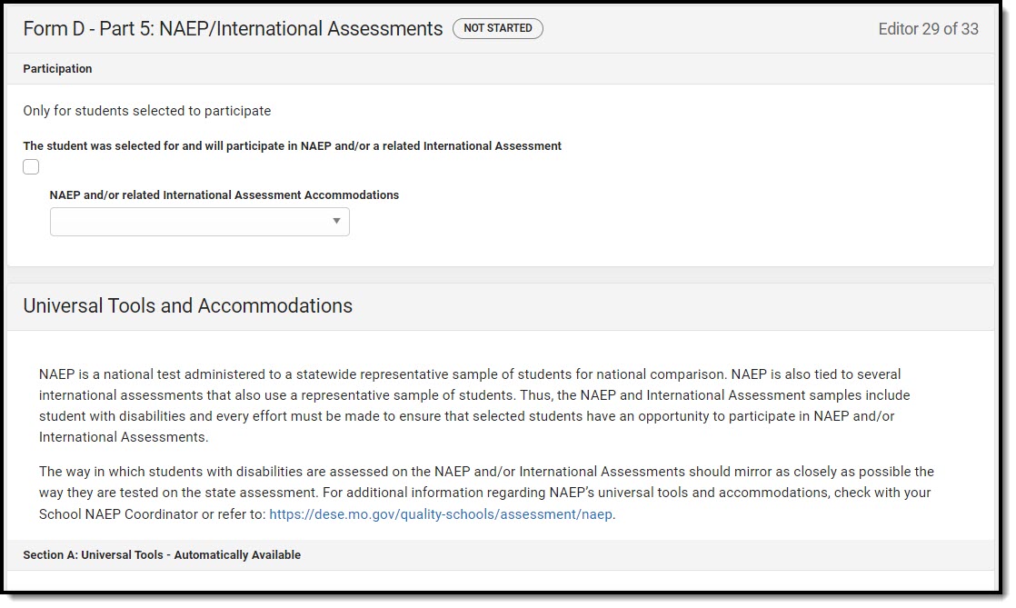 Screenshot of the Form D - Part 5: NAEP/International Assessments Editor.