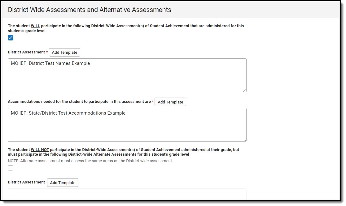Screenshot of the District Wide Assessments and Alternative Assessments Detail Screen.