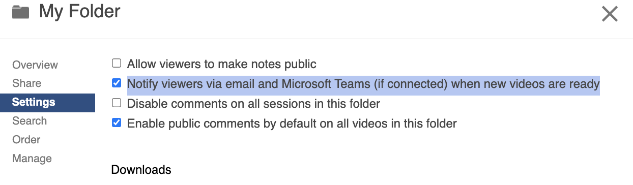 Panopto video settings with box checked for Notify viewers via email and Microsoft Teams (if connected) when new videos are ready