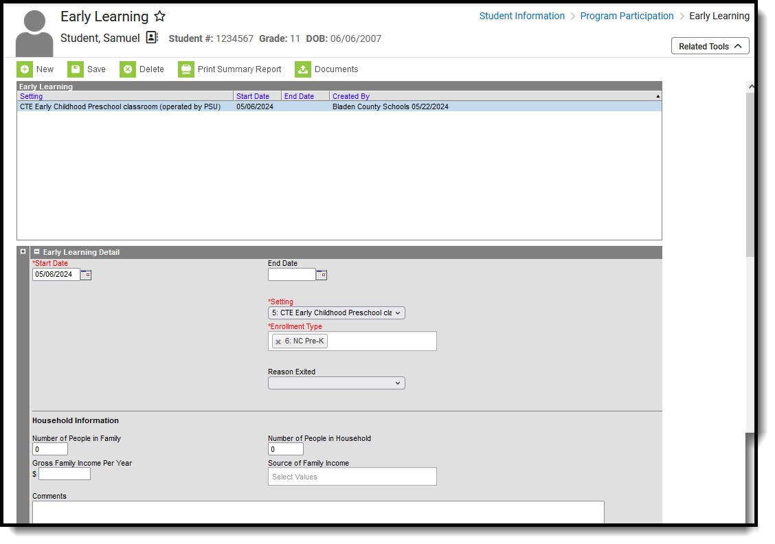 Screenshot of the Early Learning record, located at Student Informaiton, Program Participation. 