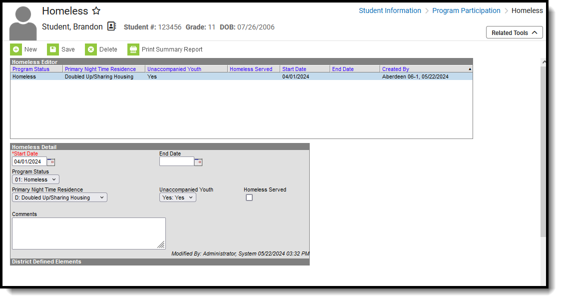Screenshot of the Student Homeless record, located at Student Information, Program Participation. 