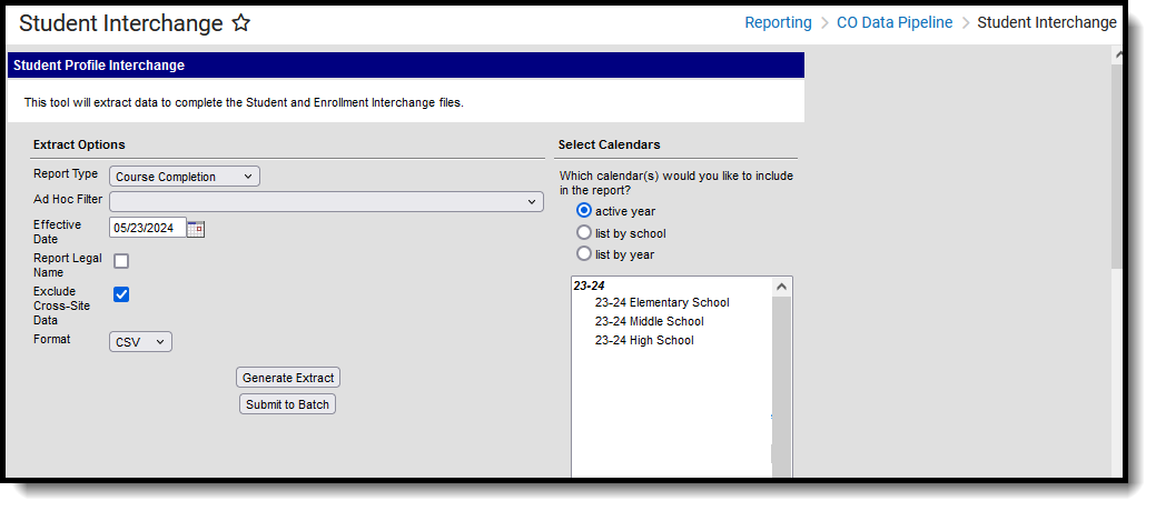Screenshot of the Course Completion Extract, located at Reporting, CO Data Pipeline, Student Interchange.