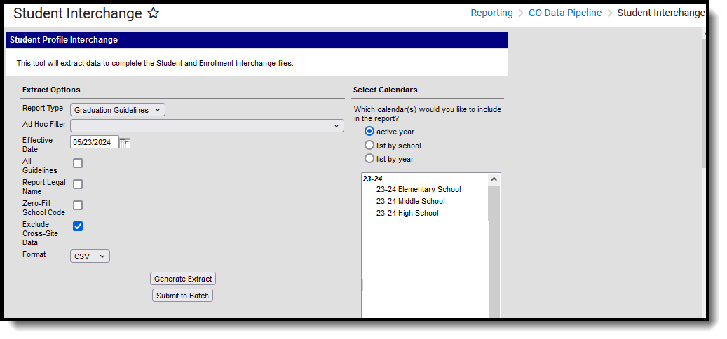 Screenshot of the Graduation Guidelines Exract located at Reporting, CO Data Pipeline, Student Interchange