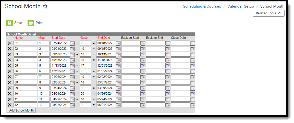 Screenshot of the School Month editor, located at Scheduling & Courses, Calendar Setup.