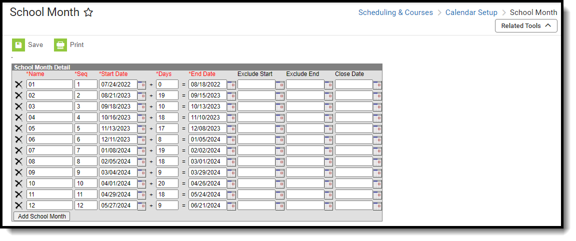 Screenshot of the School Months tool, located at Scheduling & Courses, Calendar Setup, School Months. 