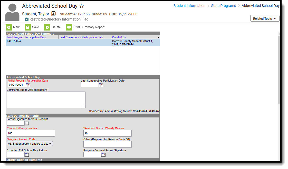 Screenshot of the Abbreviated School Day editor, located at Student Information, State Programs. 