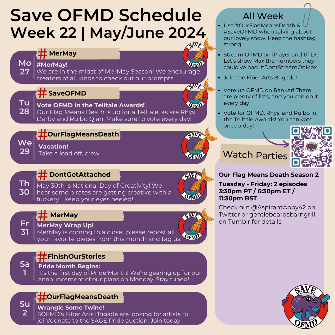 SaveOFMD Schedule for Week 22, May/June 2024 with information for each day: Monday May 27: # MerMay. We are in the midst of MerMay Season! We encourage creators of all kinds to check out our prompts! Tuesday May 28: # Save OFMD. Vote OFMD in the Telltale Awards! Our Flag Means Death is up for a TellTale, as are Rhys Darby and Ruibo Qian. Make sure to vote every day! Wednesday May 29: # Our Flag Means Death. Vacation! Take a load off, crew. Thursday May 30: # Don't Get Attached. May 30th is National Day of Creativity! We hear some pirates are getting creative with a fuckery... keep your eyes peeled! Friday May 31: # MerMay. MerMay Wrap Up! MerMay is coming to a close. Please repost all your favorite pieces from this month & tag us! Saturday June 1: # Finish Our Stories. Pride Month Begins: It‘s the first day of Pride Month! We‘re gearing up for our announcement of our plans on Monday. Stay tuned! Sunday June 2: # Our Flag Means Death. Wrangle Some Twine! SOFMD’s F﻿iber Arts Brigade are looking for artists to join/donate to the SAGE Pride auction. Join today! Each day of May includes the SaveOFMD MerMay sticker. All week: Use # Our Flag Means Death when talking about our lovely show. Stream OFMD on i Player & RTL+. Let’s show Max the numbers they could have had. Join the Fiber Arts Brigade! Vote up OFMD on Ranker. There are plenty of lists & you can do it every day! Vote for OFMD, Rhys & Ruibo in the Telltale Awards! You can vote once a day! There is a QR Code for the TellTale Awards. Below is information for this week's watch parties: Our Flag Means Death Season 2. Tuesday to Friday: 2 episodes. 3:30 pm PT / 6:30 pm ET / 11:30 pm BST. Check out @ AspirantAbby42 on Twitter or GentlebeardsBarNGrill on Tumblr for details.